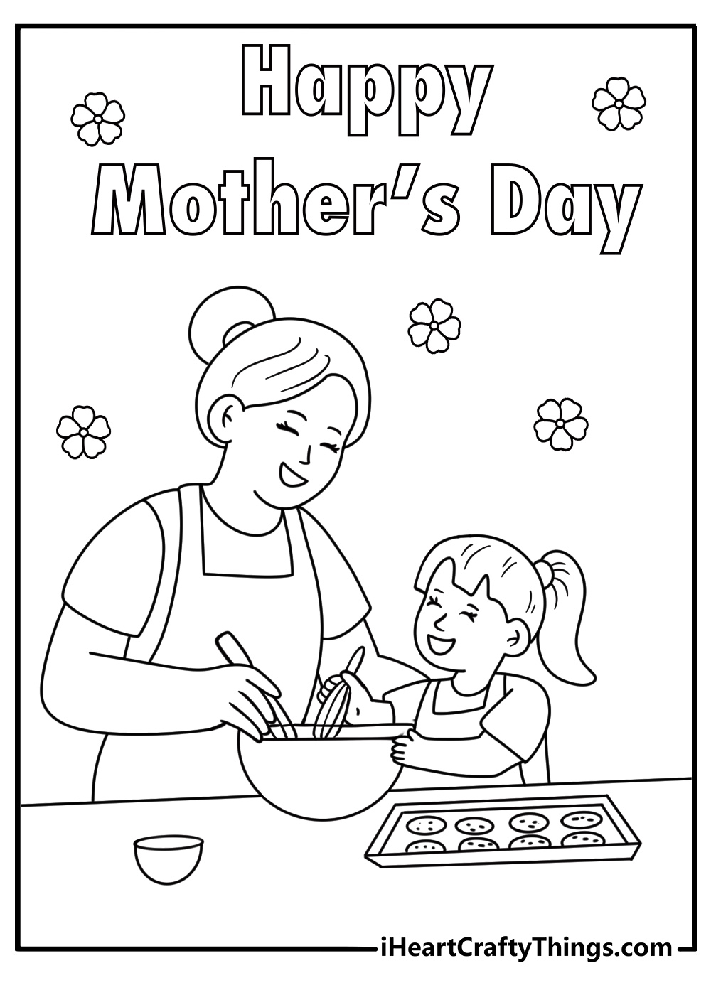 Simple Mothers Day coloring page with mom and child baking cookies in a kitchen