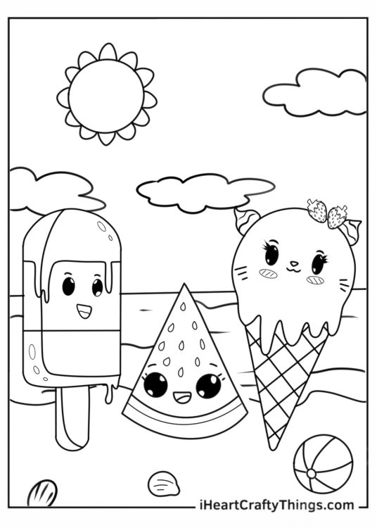 Summer Coloring Page Of Cartoon Popsicle, Watermelon, And Ice Cream On A Beach
