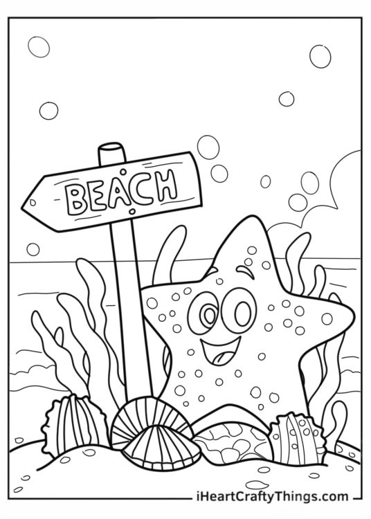 Summer Coloring Page Of Cartoon Starfish Underwater With Beach Sign