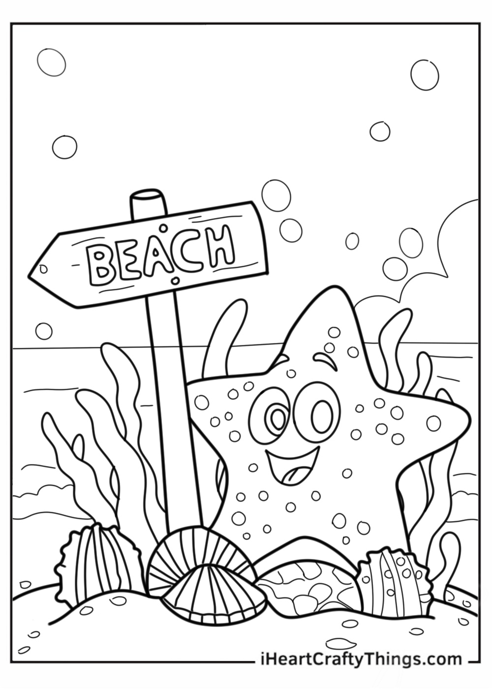 Summer Coloring Page Of Cartoon Starfish Underwater With Beach Sign