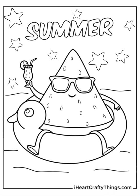 Summer Coloring Page Of Cartoon Watermelon In Duck Beach Float