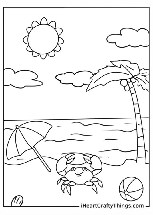Summer Coloring Page Of Crab On A Beach With Coconut Tree
