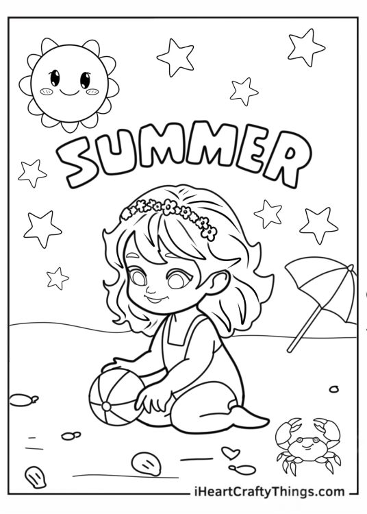 Summer Coloring sheet Of Cute Little Girl Holding Beach Ball
