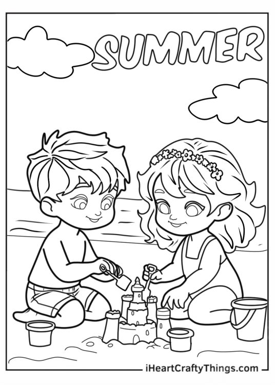 Summer Coloring Page Of Little Boy And Girl Making Sand Castle