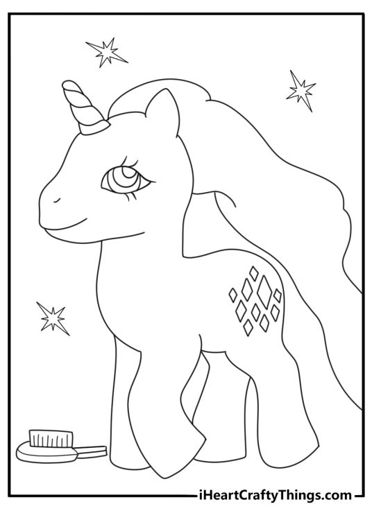 80s original My Little Pony coloring page with retro pony brushing long mane near a rainbow