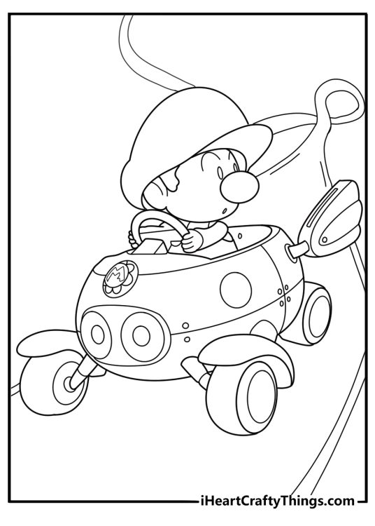 Baby Mario in tiny kart on figure eight track cute coloring page for toddlers