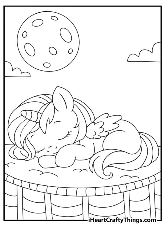 Baby cute My Little Pony coloring page with a foal sleeping in a basket under a moon