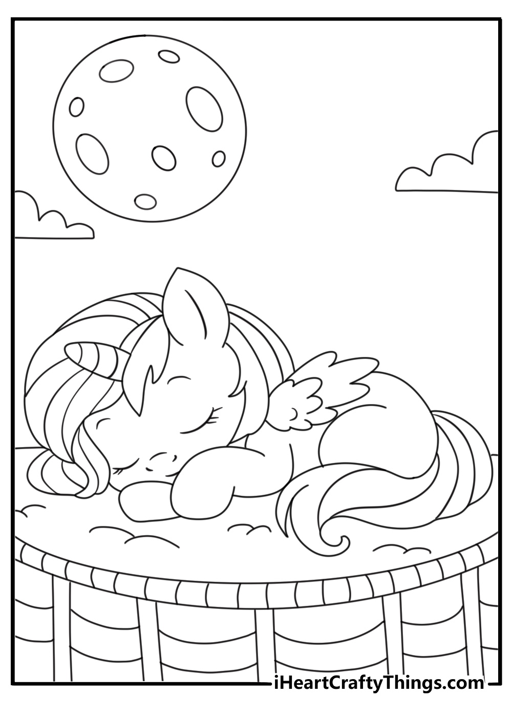 Baby cute My Little Pony coloring page with a foal sleeping in a basket under a moon