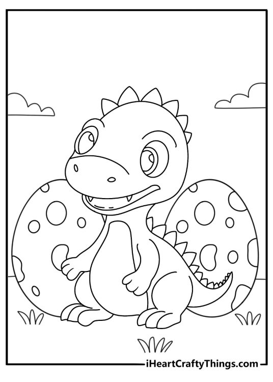 Baby dinosaur with eggs coloring page printable for kids