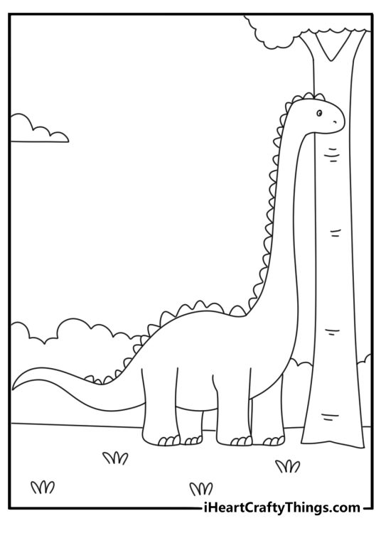 Big dinosaur standing near trees coloring sheet for preschool