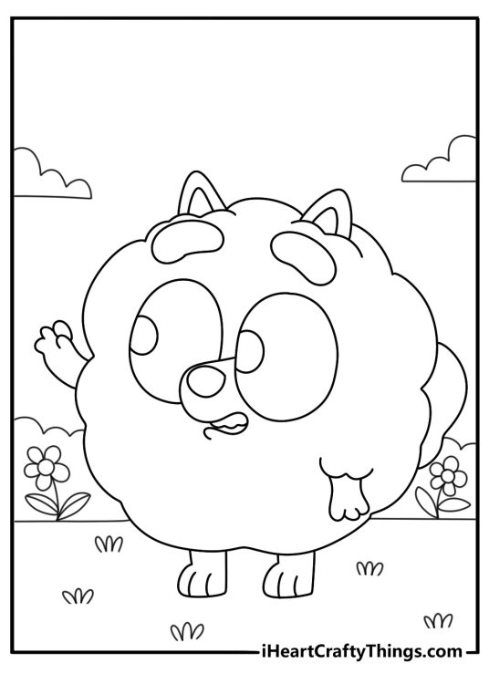 Bluey coloring page featuring pomeranian pup Pom Pom waving to us with flowers in the background