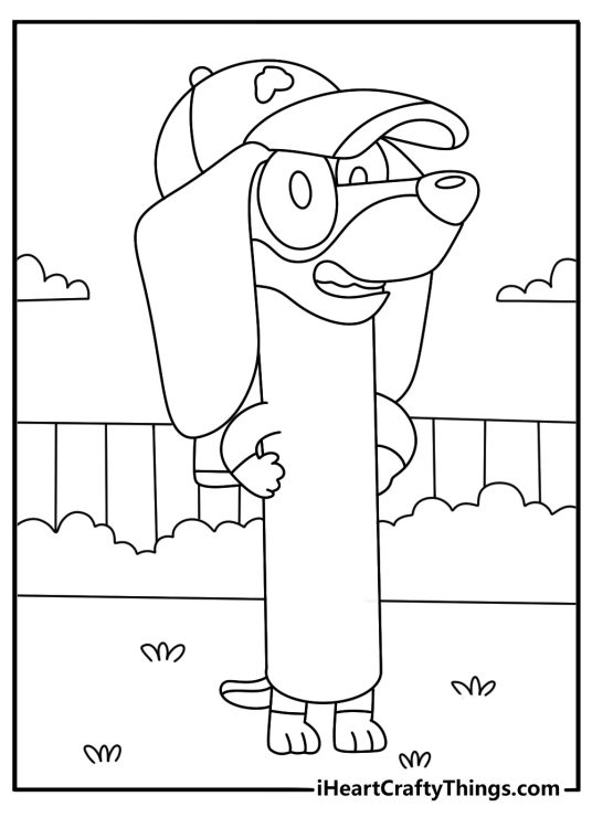 Bluey coloring sheet for kids featuring character Snickers posing in backyard with his signature cap