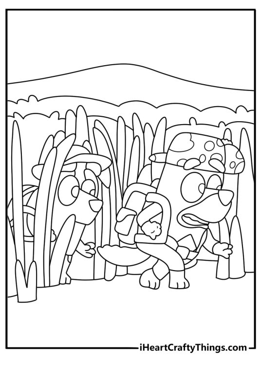 Bluey themed coloring picture for children depicting characters Jack and Rusty hiking