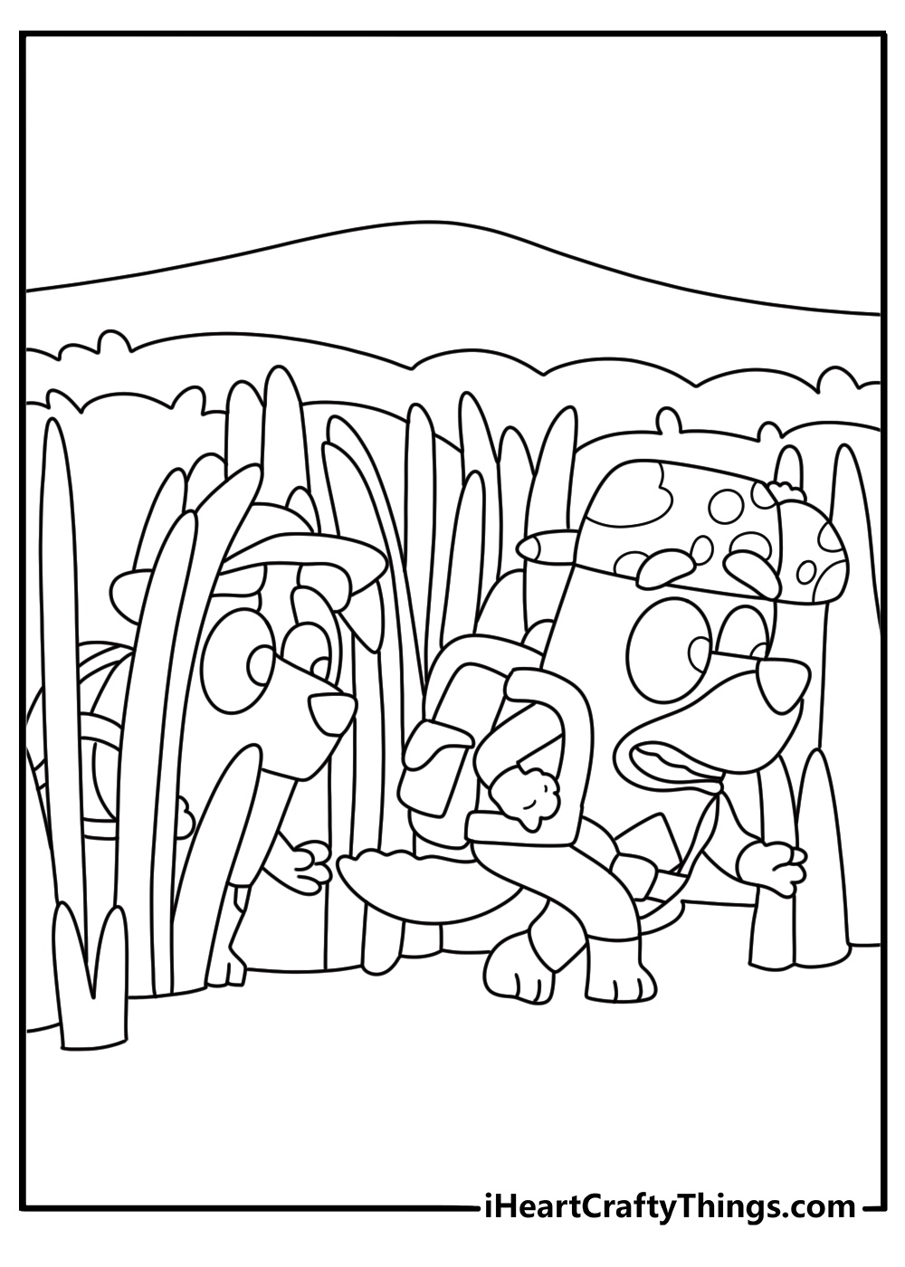 Bluey themed coloring picture for children depicting characters Jack and Rusty hiking