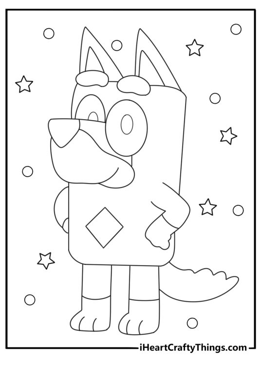 Bluey themed printable coloring page depicting character Rusty surrounded by stars and circles