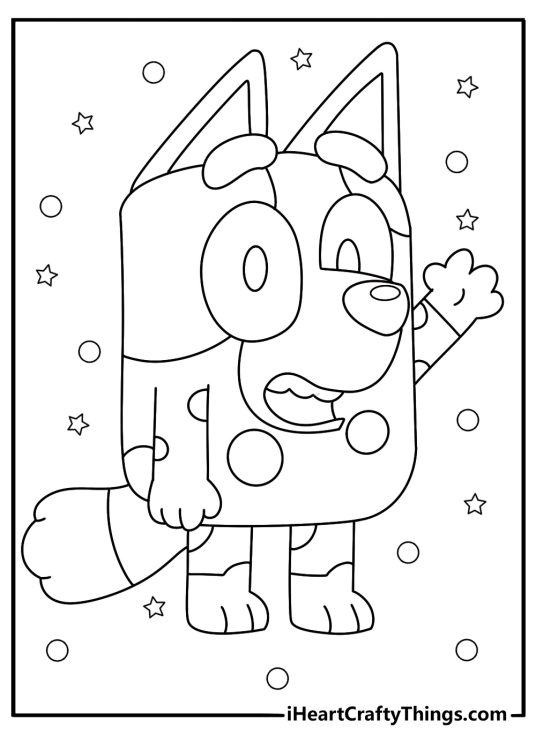 Bluey themed printable pdf presenting puppy Muffin giving a friendly wave with stars and circles all around him