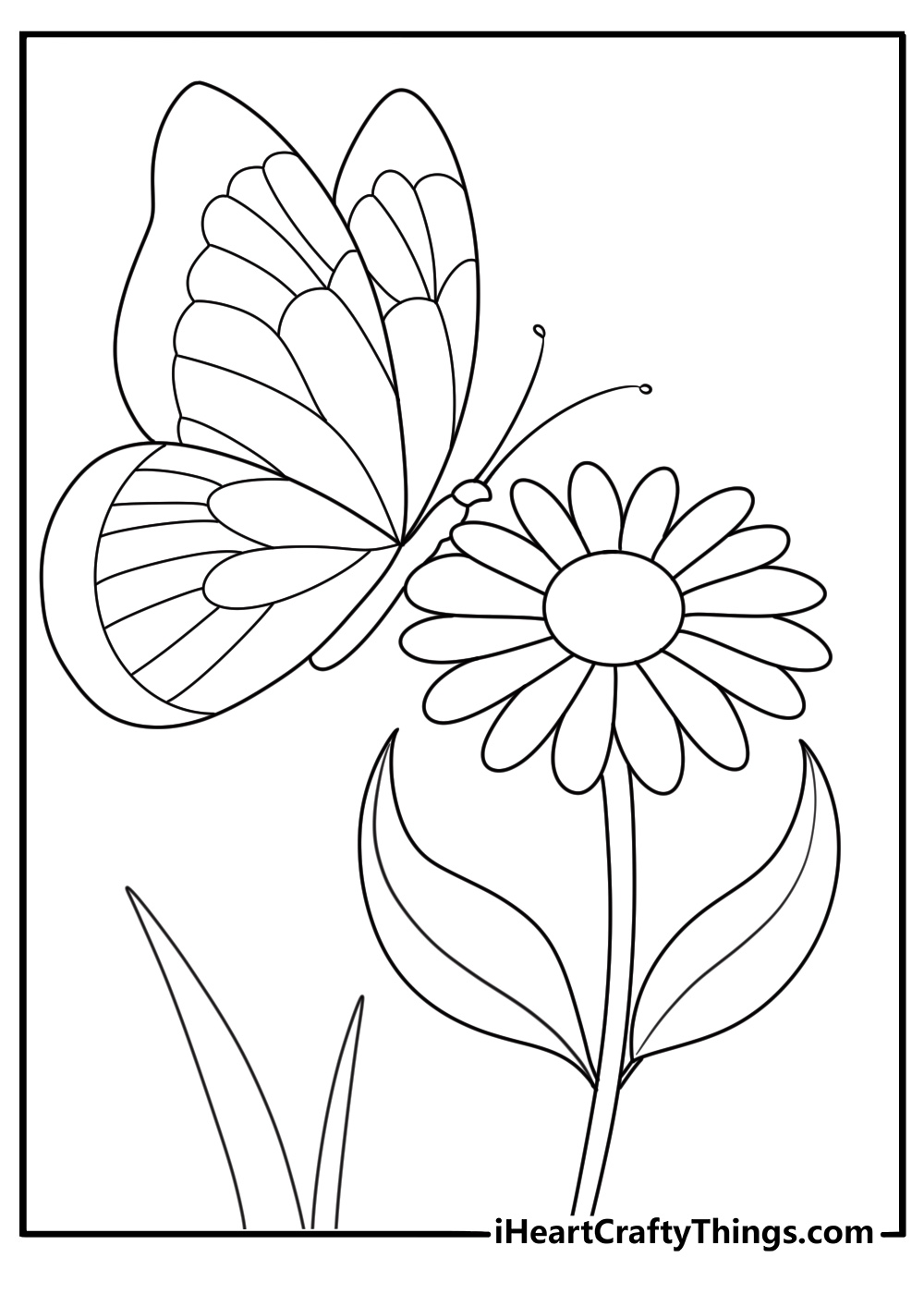Butterfly and flower coloring page for kids free printable