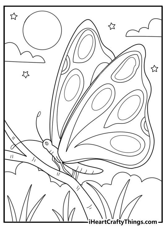 Butterfly at night by moon and stars relaxing printable coloring page