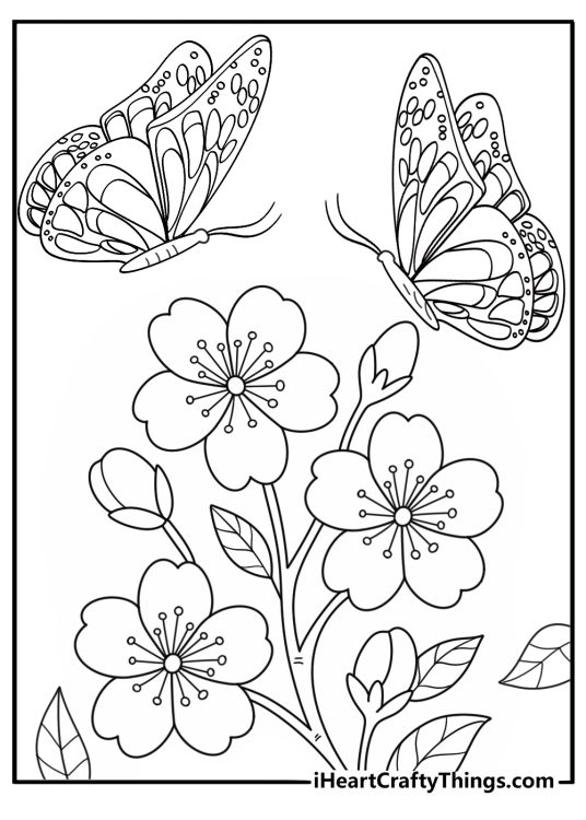 Butterfly inspired picture featuring many butterflies flutterring around several bright flowers