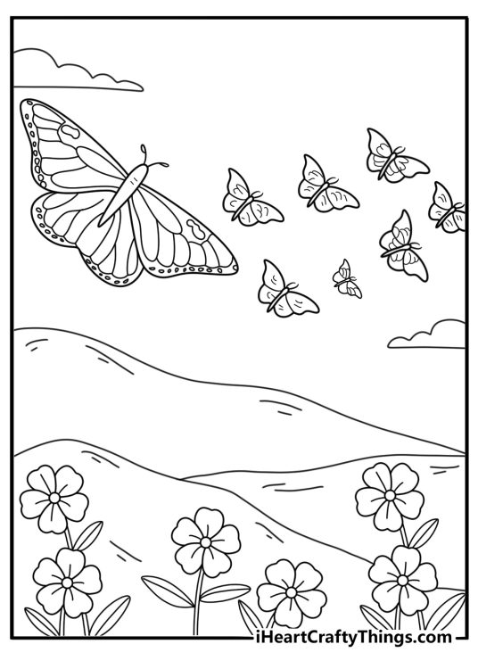 Butterfly migration over mountains scenic printable coloring sheet