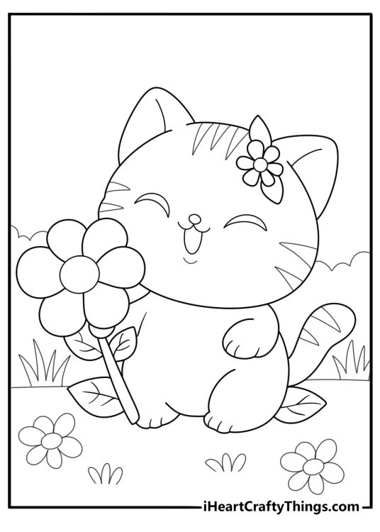 Cartoon Cat With Flowers Coloring In For Preschoolers