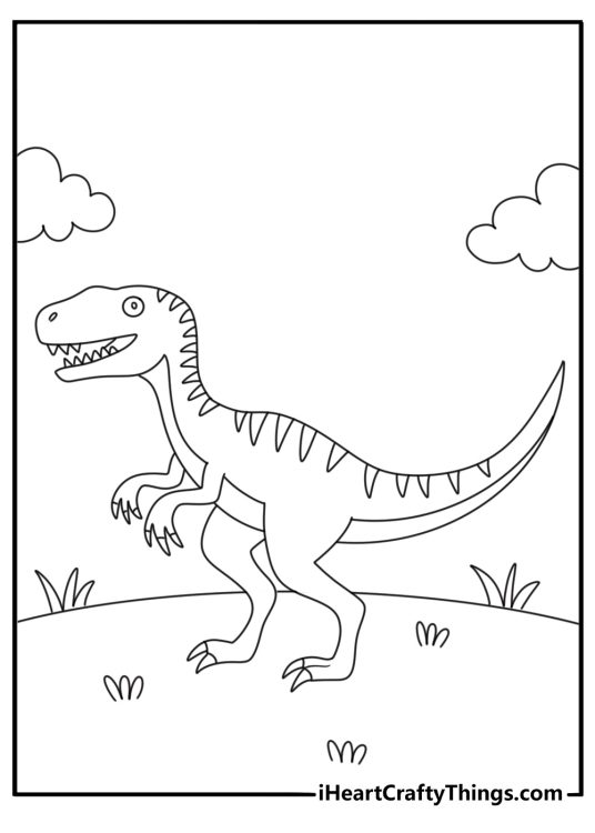 Cartoon velociraptor dinosaur coloring page for kids
