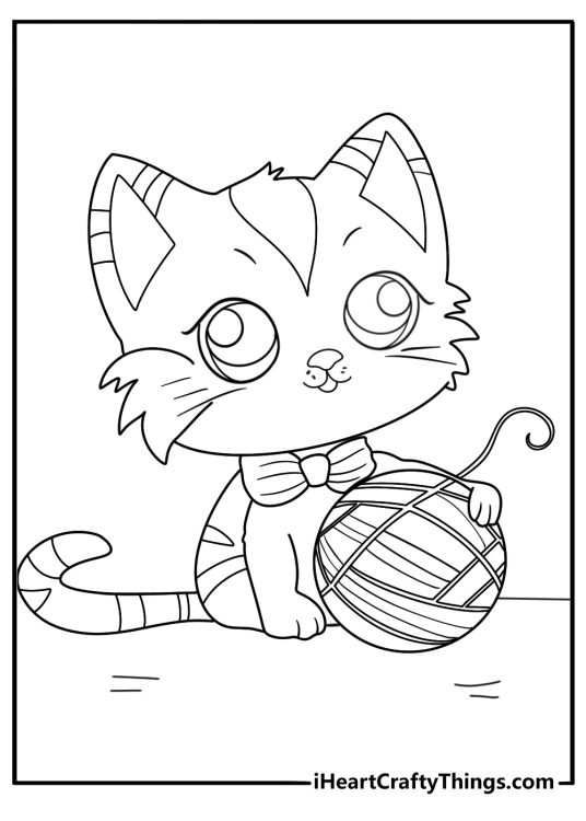 Cat themed coloring sheet for kids presenting little kitten playing with a ball of yarn