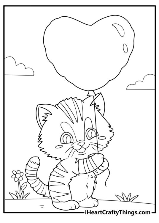 Cat themed printable picture featuring tiny kitten holding a heart shaped balloon