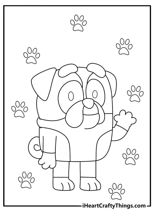 Coloring image for kids presenting Blueys friend Winton waving to us surrounded by paws print