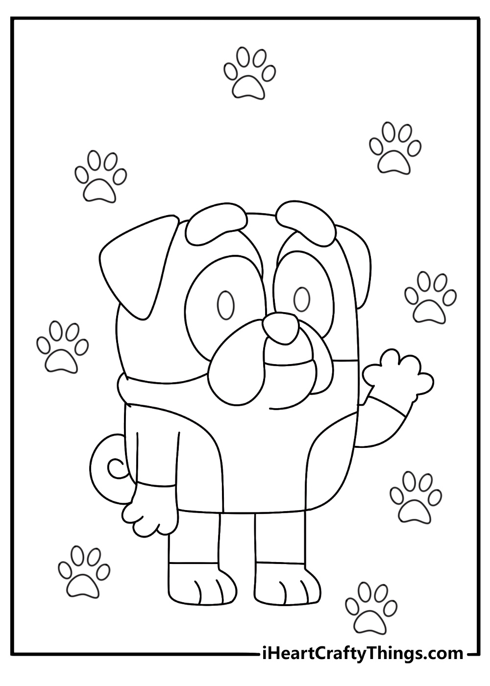 Coloring image for kids presenting Blueys friend Winton waving to us surrounded by paws print
