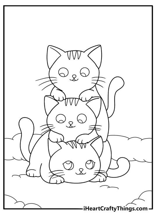Coloring page featuring a whole bunch of cats stacked on top of each other to lay on one little cat bed