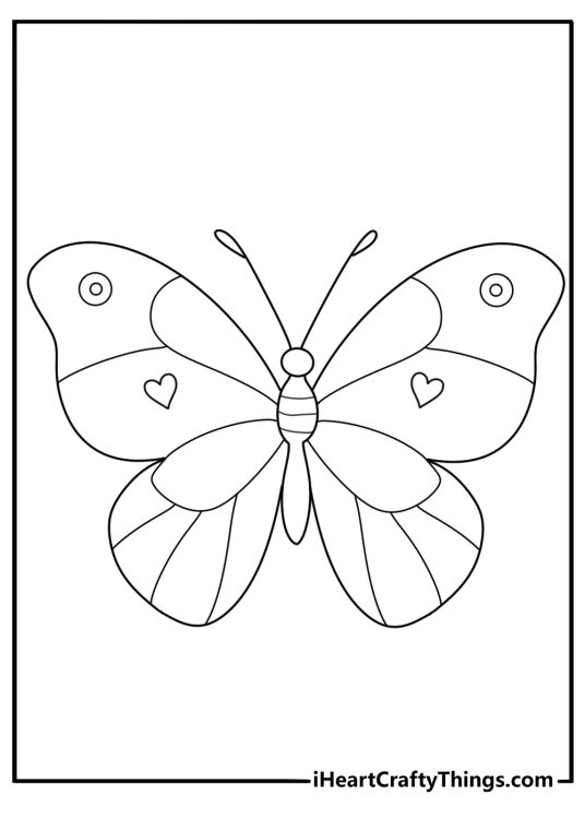 Coloring page featuring intricate design butterfly with little hearts on its two front wings