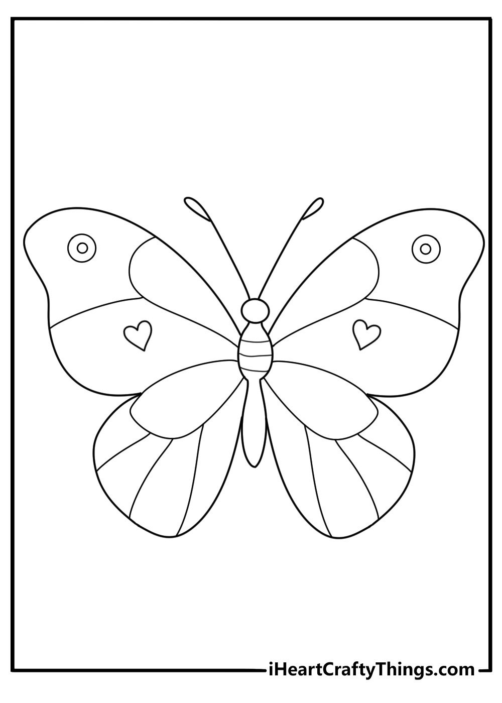 Coloring page featuring intricate design butterfly with little hearts on its two front wings