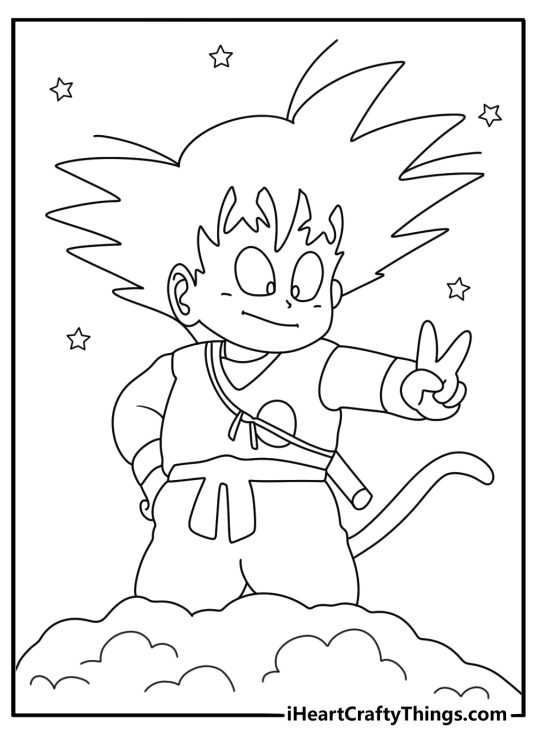 Coloring page featuring young Goku smiling and showing a peace sign with stars all around him