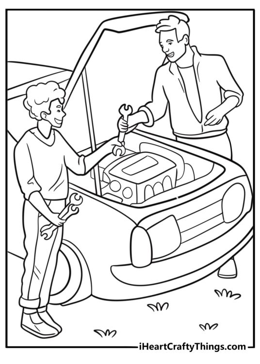 Coloring page for Fathers Day showing dad fixing a car with child handing tools
