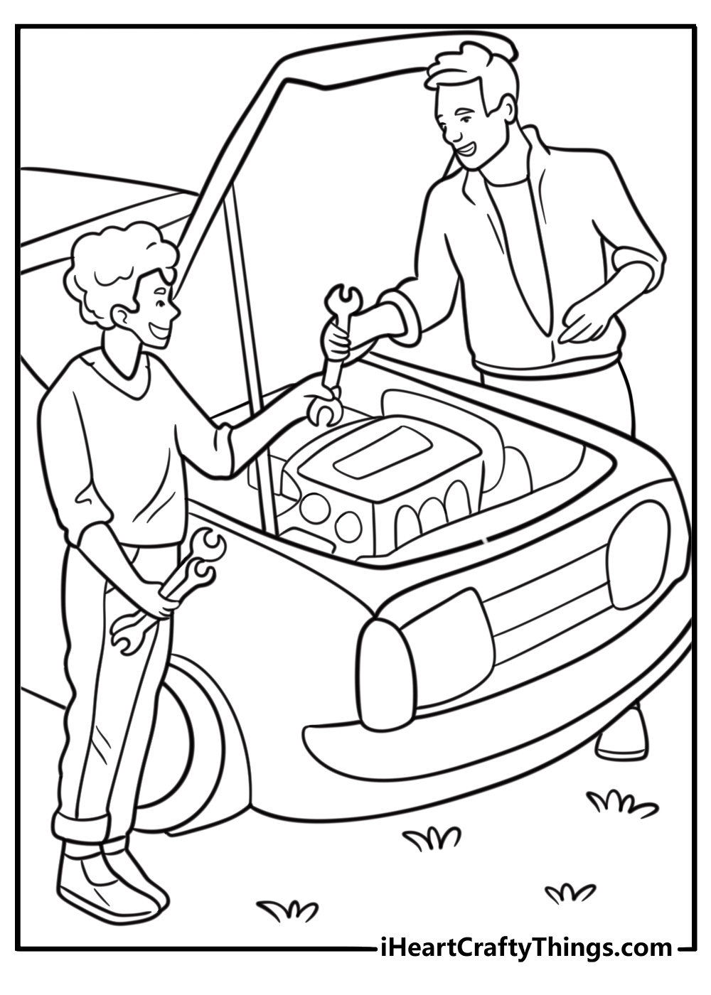 Coloring page for Fathers Day showing dad fixing a car with child handing tools