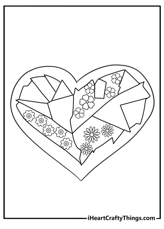 Coloring page for adults featuring large abstract heart decorated with various shapes lines and flowery designs