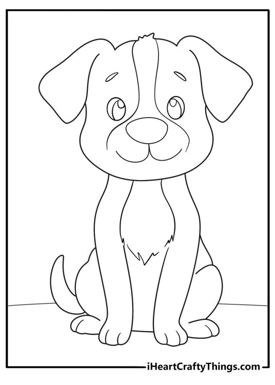 Coloring page for children featuring a dog sitting calmly and looking straight ahead as he would want a treat