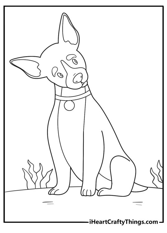 Coloring page for kids depicting a dog sitting with quite concerned face expression
