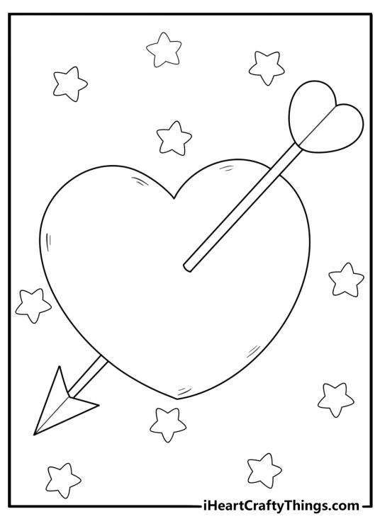 Coloring page for kids featuring heart with cupids arrow and stars in the background