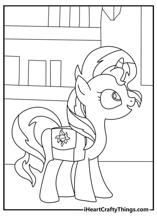 Coloring page for kids with Sunset Shimmer looking at a magic journal