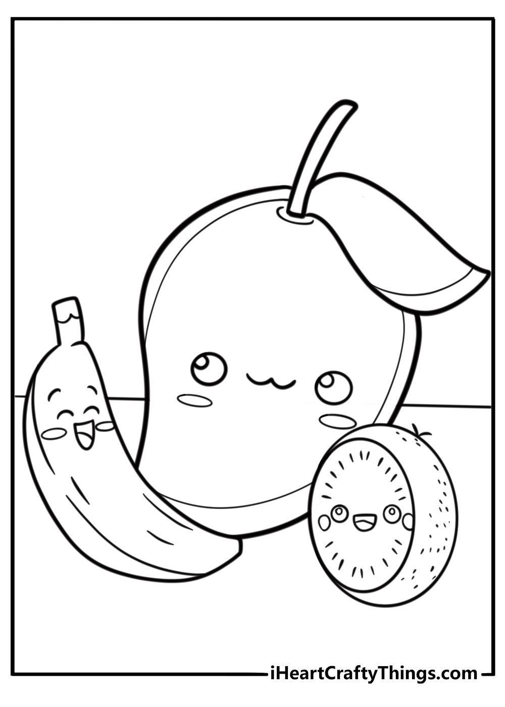 Coloring page for preschool kids showing summer fruits like banana, mango, and kiwi