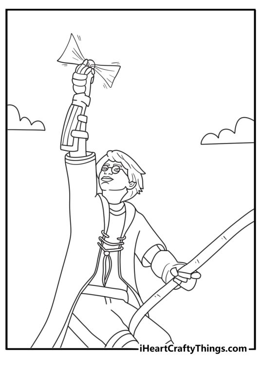 Coloring page of a Harry Potter flying on his broomstick among clouds and holding Golden Snitch in the hand
