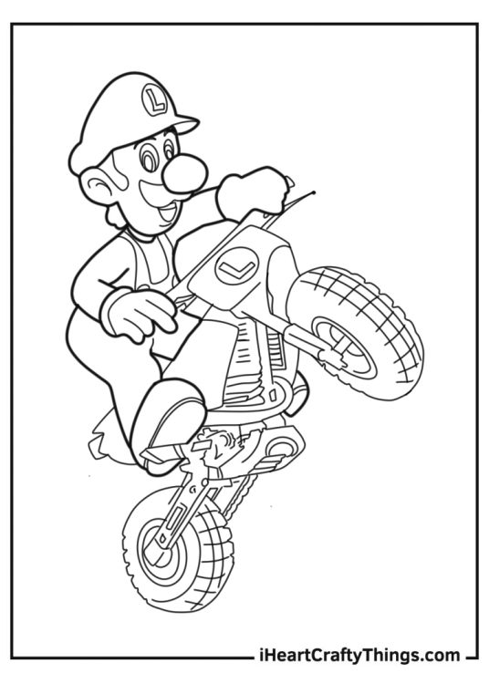 Coloring page of luigi on motorbike from mario kart