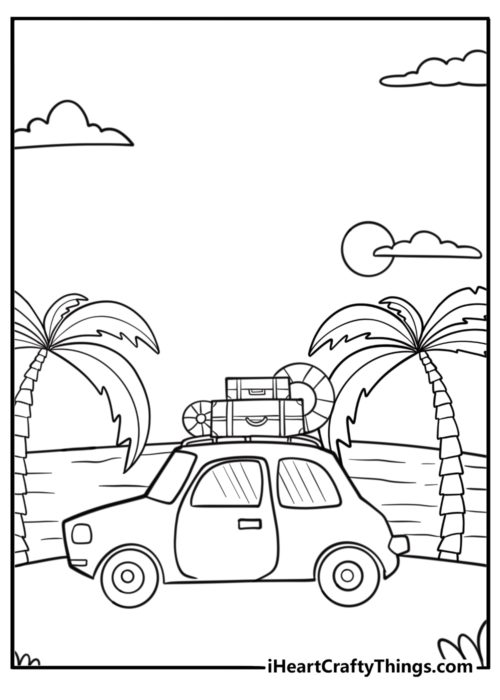 Coloring page of summer road trip with a car packed for vacation and palm trees