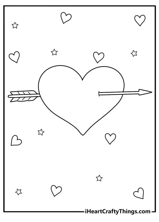 Coloring page presenting big heart pierced with arrow surrounded by star and heart shapes