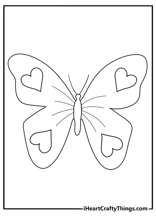 Coloring page presenting unusual butterfly with the body made up of multiple little hearts