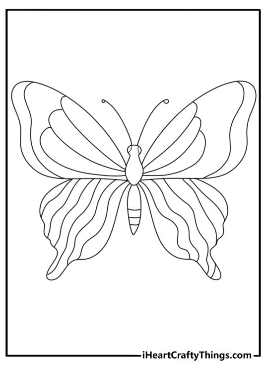 Coloring page showing butterfly with curly design of the bottom half of the wings