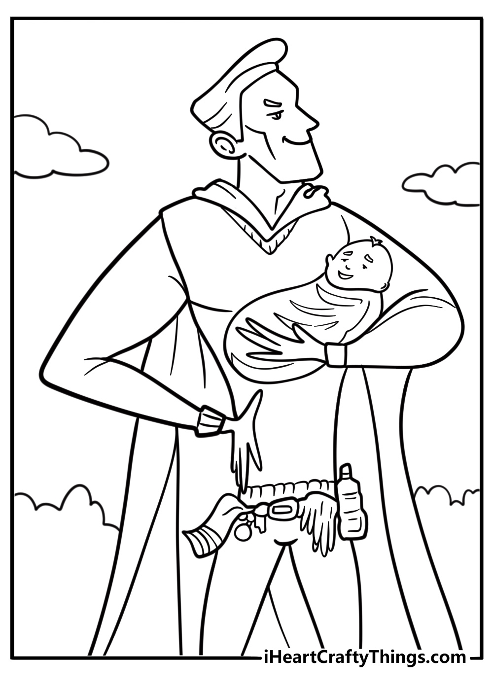 Coloring pages to print for Fathers Day featuring a superhero dad pose