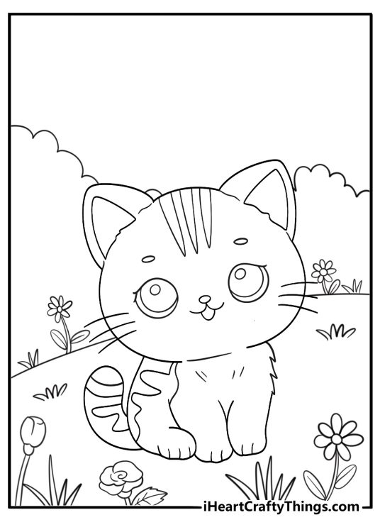 Coloring picture for adults of a cute cartoony cat surrounded with various flowers